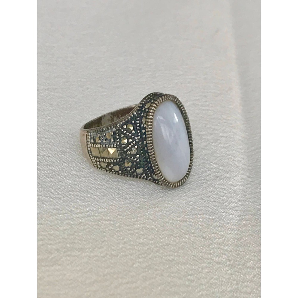 Vintage 925 Sterling Silver Marcasite Ring Lt. Blue Agate‎ Stone Sz 6.5 Gorgeous